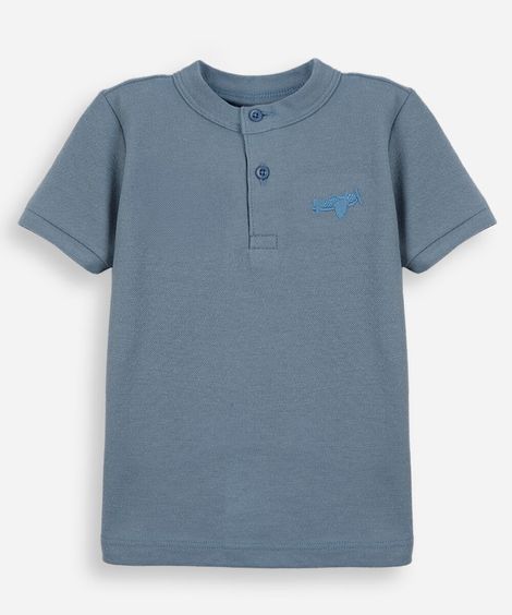 camiseta infantil com algodão gola henley manga curta azul