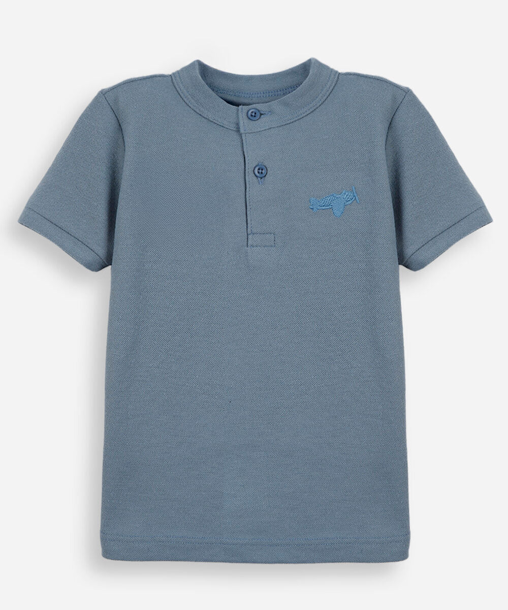 camiseta infantil com algodão gola henley manga curta azul