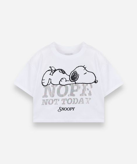 camiseta cropped juvenil snoopy manga curta de algodão off white
