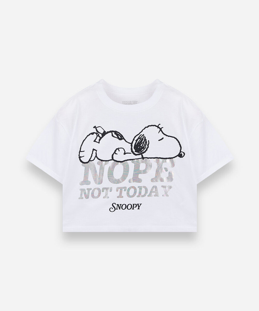 camiseta cropped juvenil snoopy manga curta de algodão off white