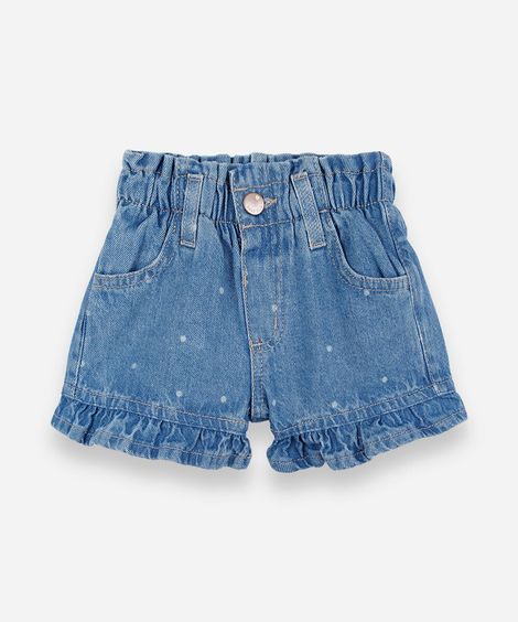 short infantil jeans com babado e estampa poá azul