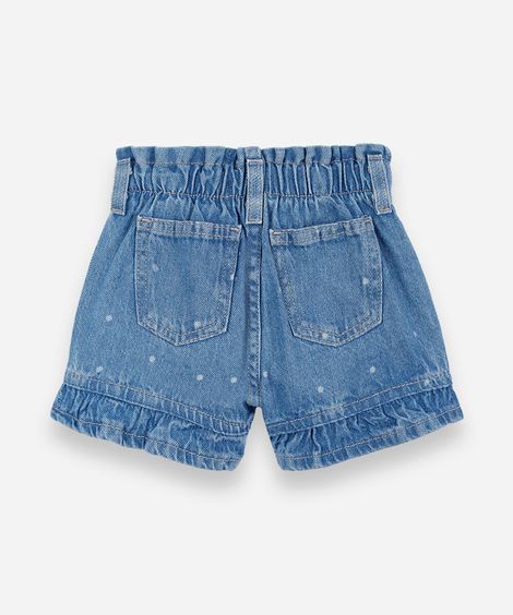 short infantil jeans com babado e estampa poá azul
