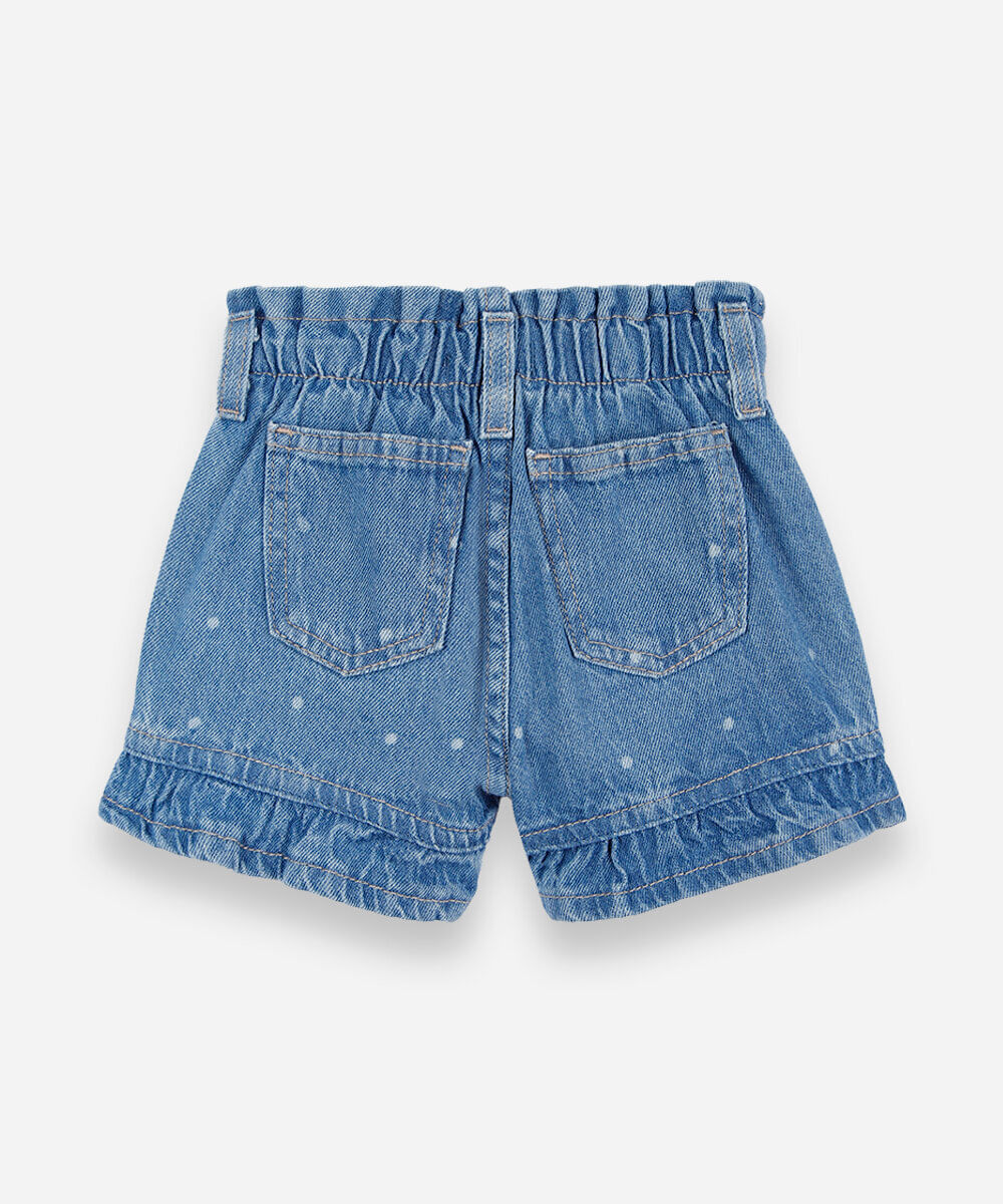 short infantil jeans com babado e estampa poá azul