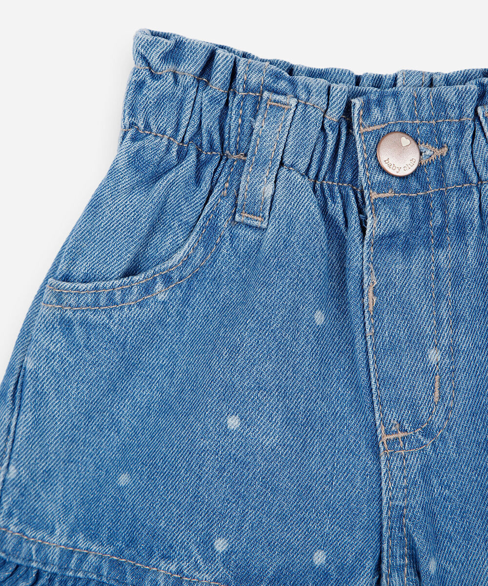 short infantil jeans com babado e estampa poá azul