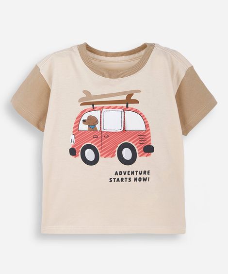 camiseta infantil de algodão manga curta estampada bege