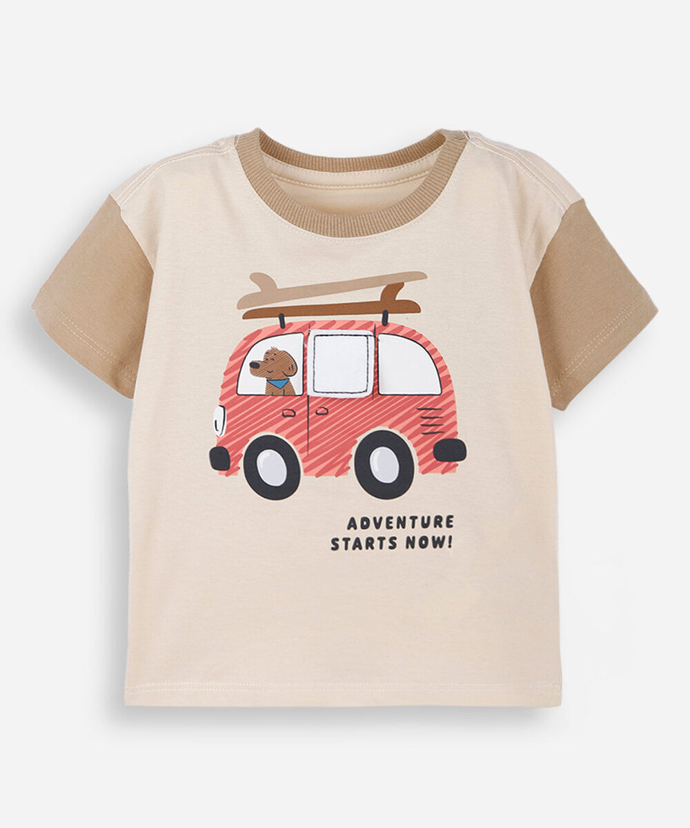 camiseta infantil de algodão manga curta estampada bege