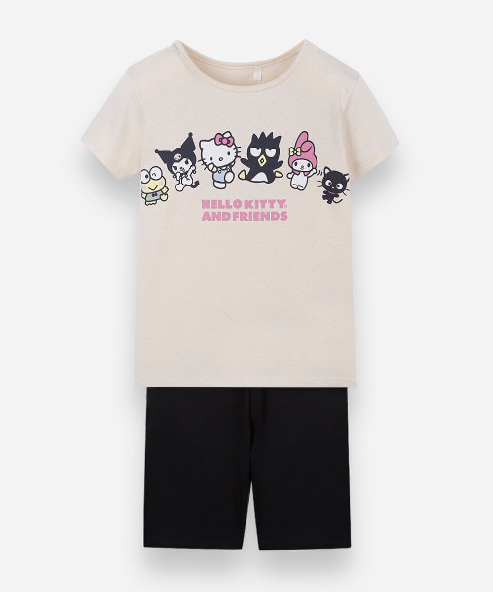 conjunto curto infantil de algodão hello kitty e amigos off white
