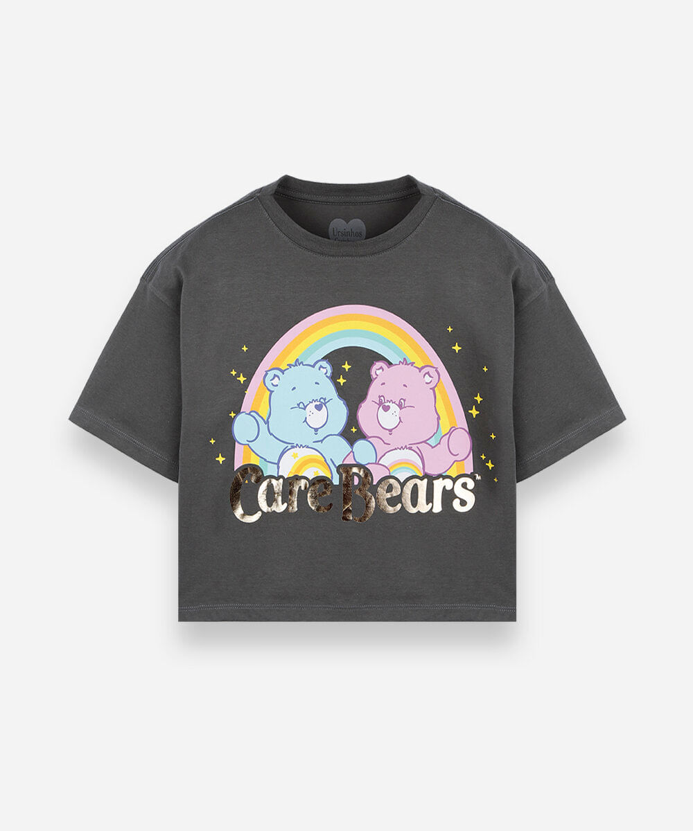 camiseta cropped juvenil de algodão com estampa ursinhos carinhosos cinza