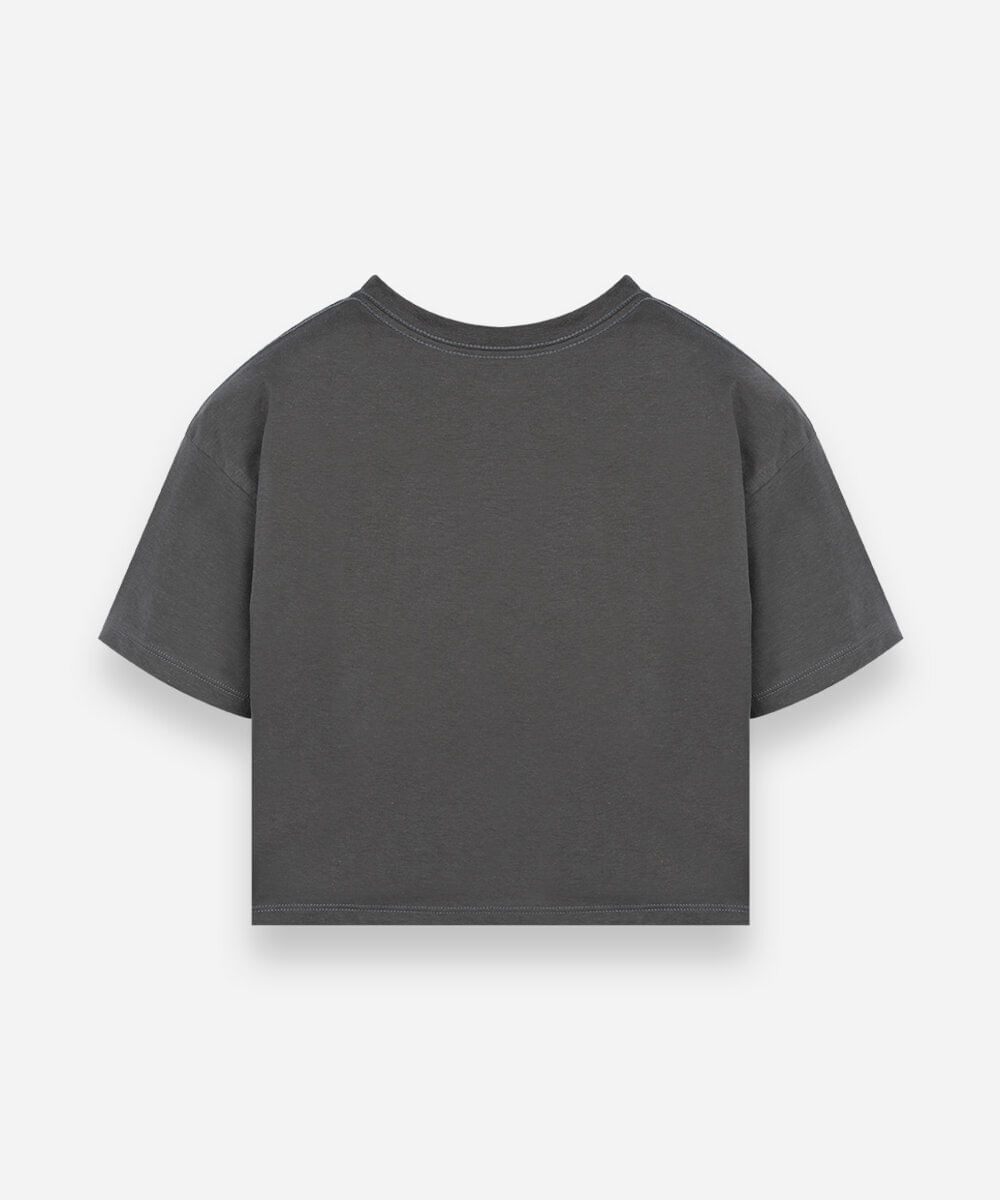 camiseta cropped juvenil de algodão com estampa ursinhos carinhosos cinza