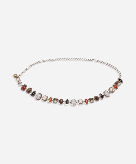 cinto feminino de corrente com pedras coloridas dourado