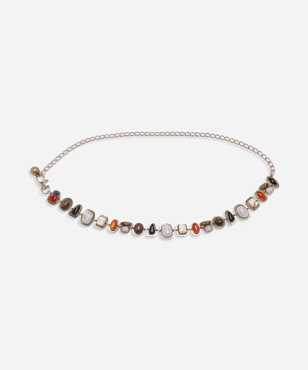 cinto feminino de corrente com pedras coloridas dourado