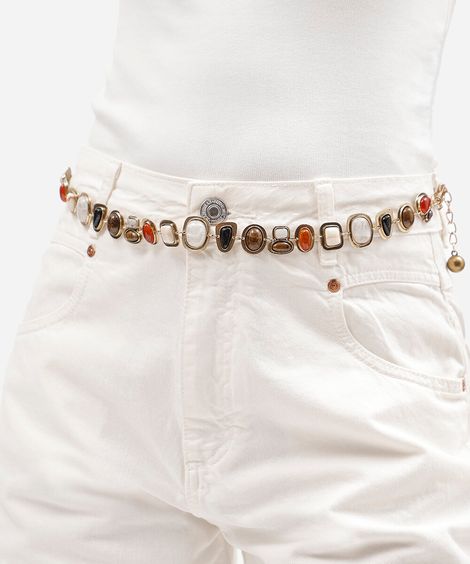 cinto feminino de corrente com pedras coloridas dourado