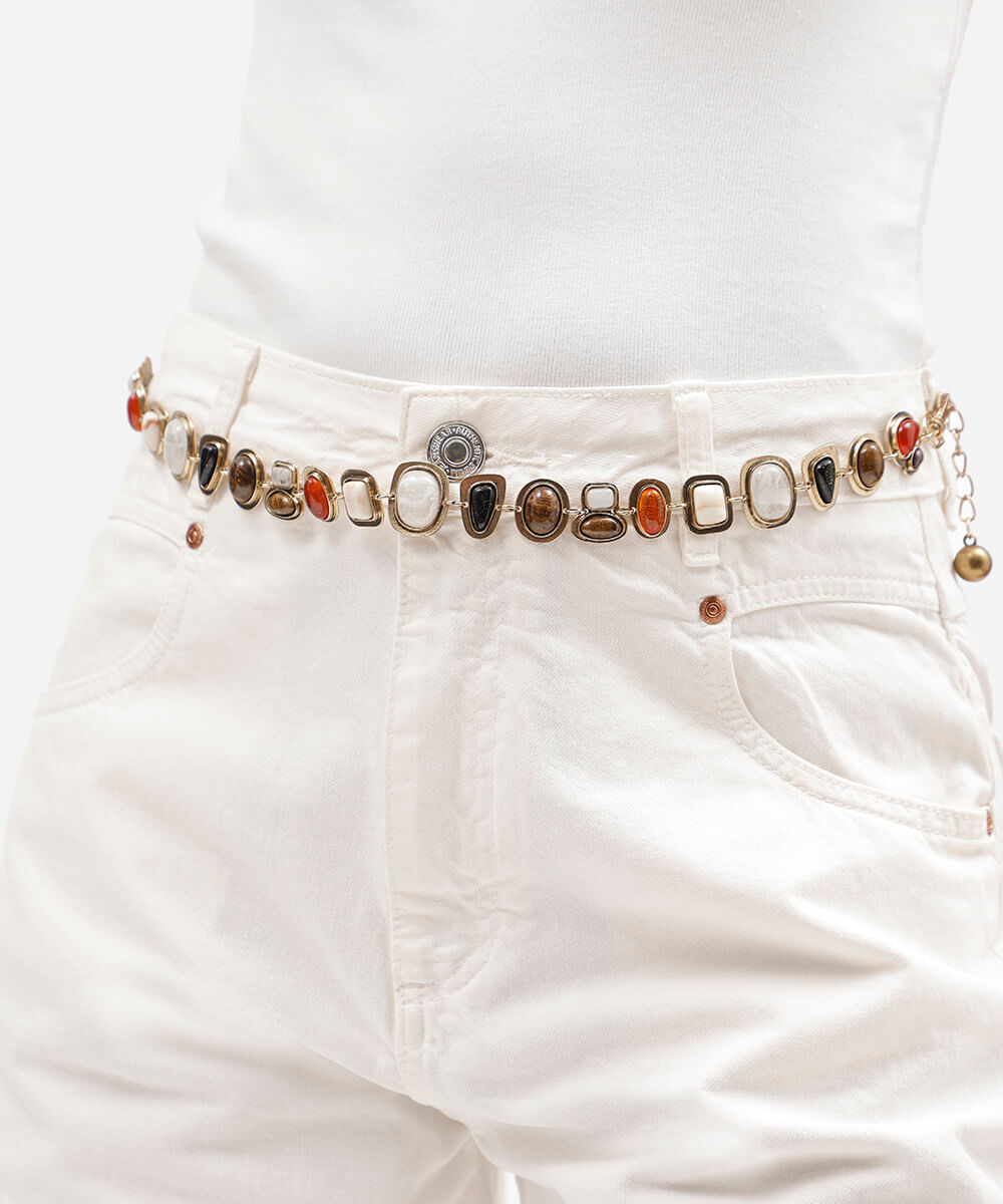 cinto feminino de corrente com pedras coloridas dourado