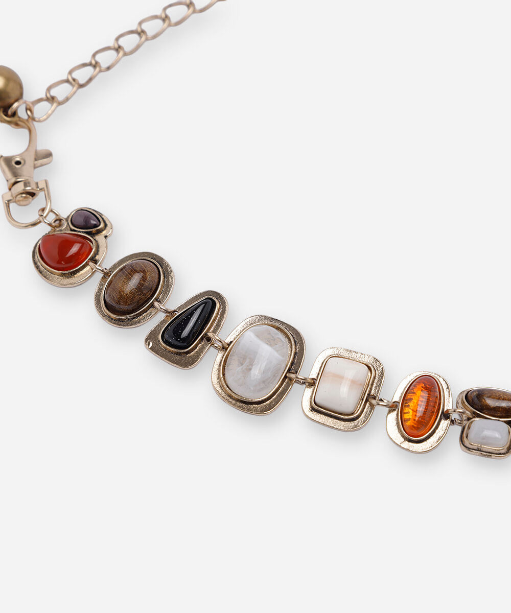 cinto feminino de corrente com pedras coloridas dourado