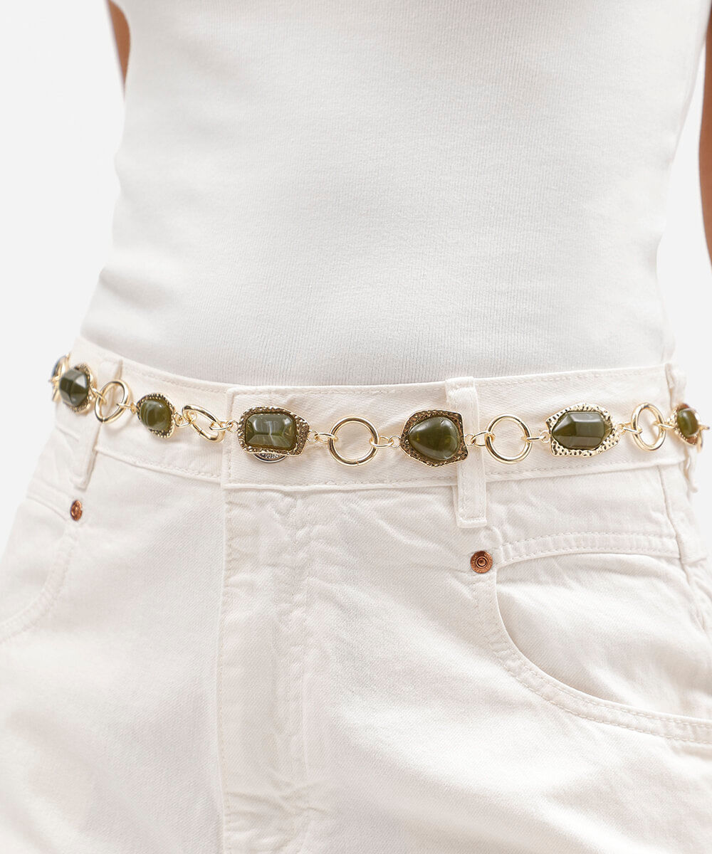 cinto feminino de corrente com pedras verde