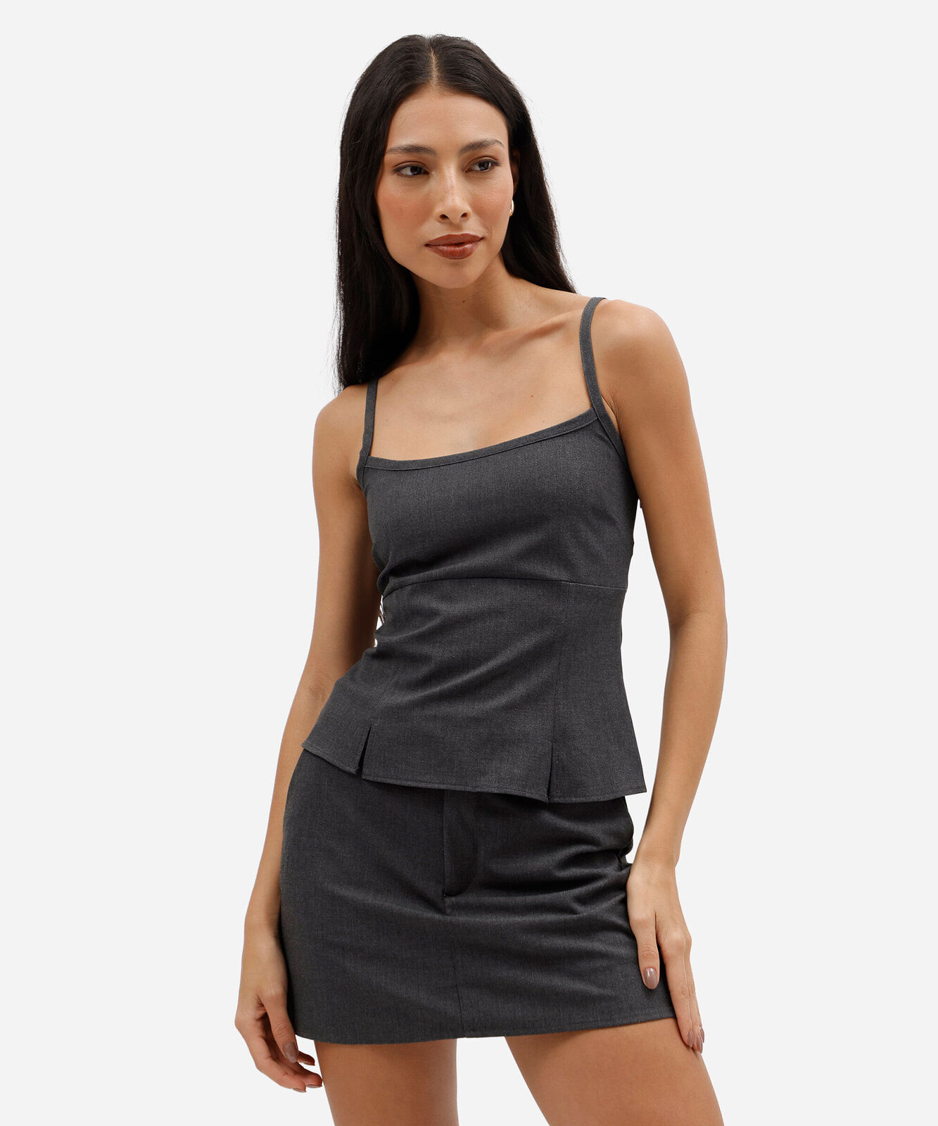blusa peplum feminina com viscose alça fina cinza