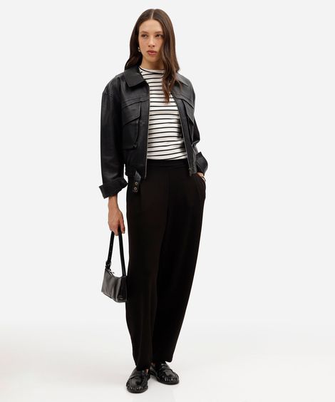 calça balloon feminina com viscose e pregas scuba básica preta