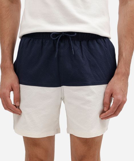 short masculino com recorte cós elástico texturizado azul