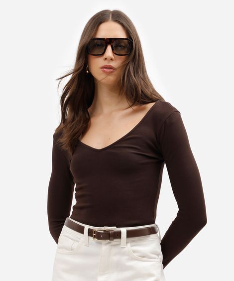 blusa feminina de algodão decote v manga longa marrom