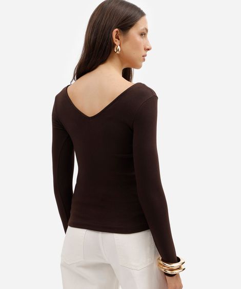 blusa feminina de algodão decote v manga longa marrom
