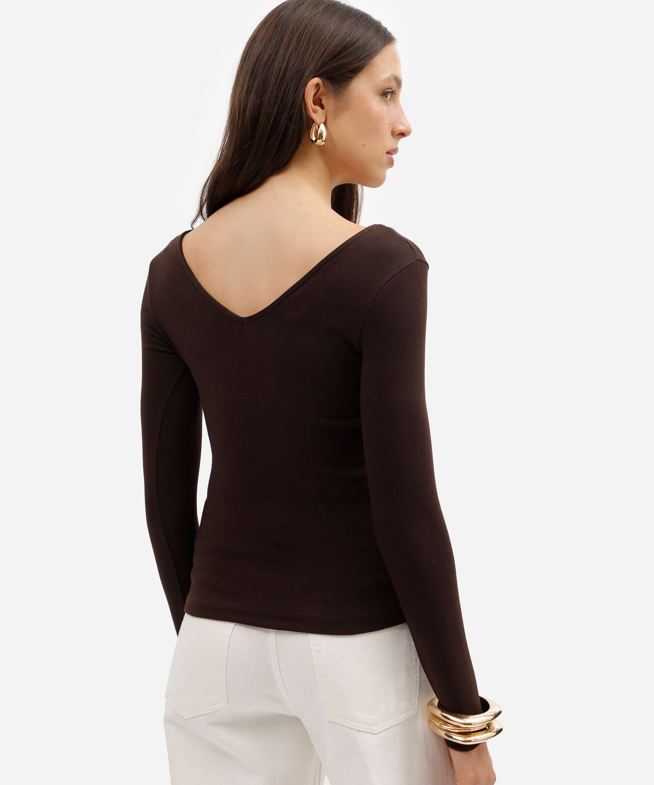 blusa feminina de algodão decote v manga longa marrom