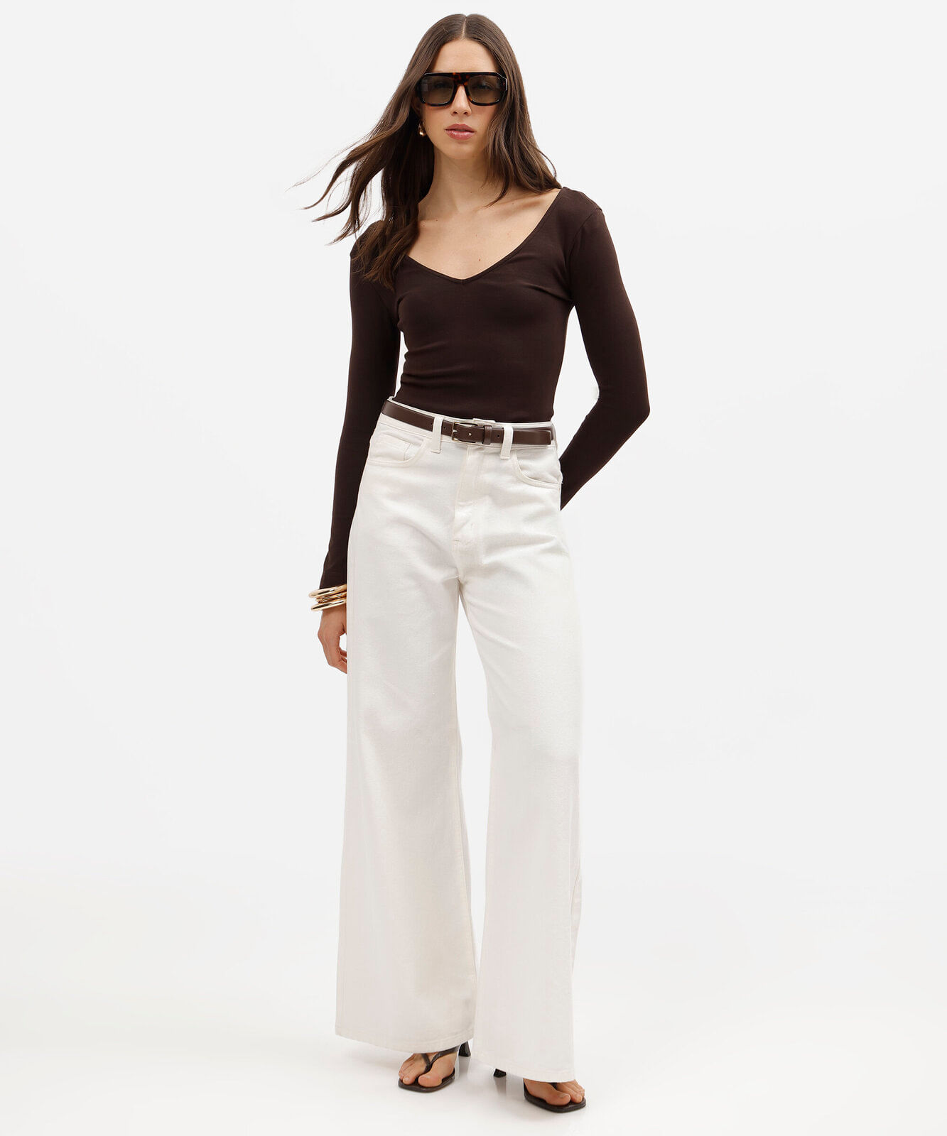 blusa feminina de algodão decote v manga longa marrom