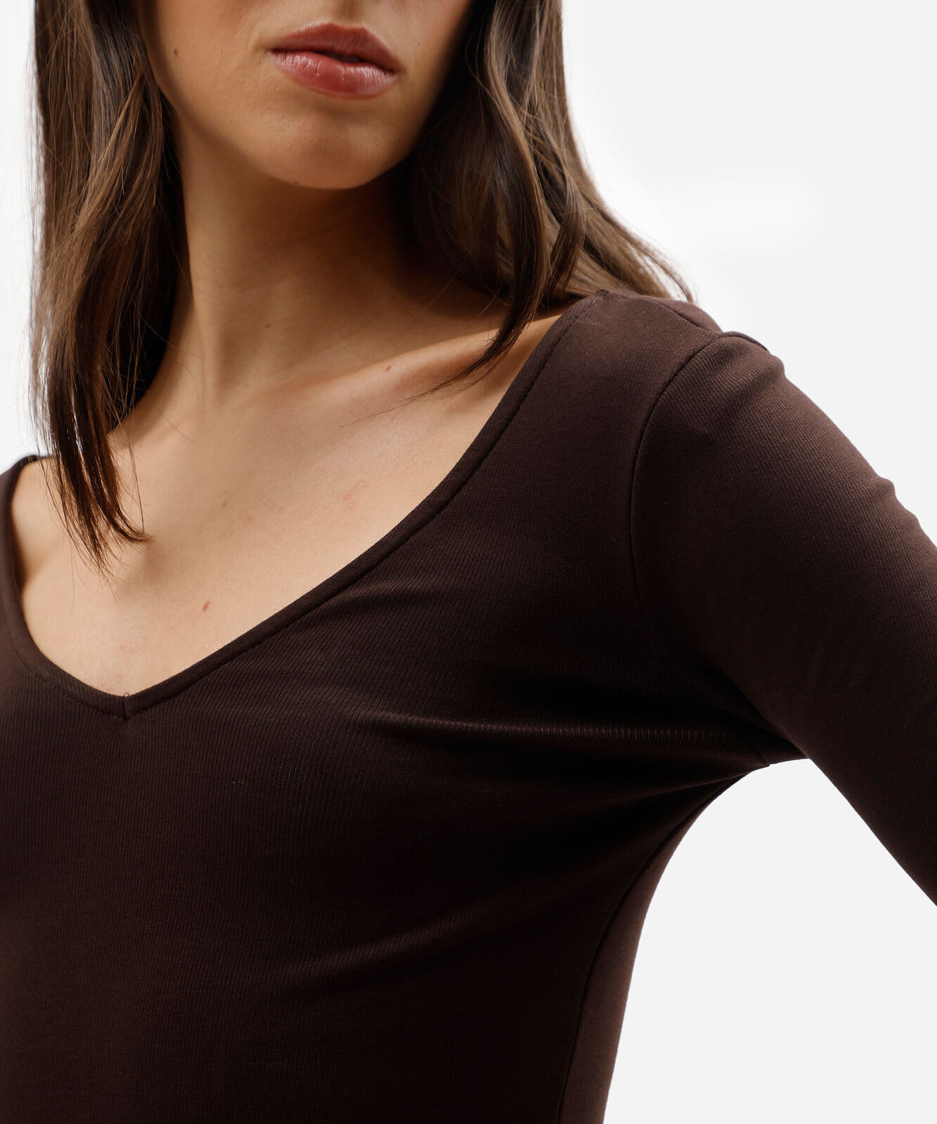 blusa feminina de algodão decote v manga longa marrom