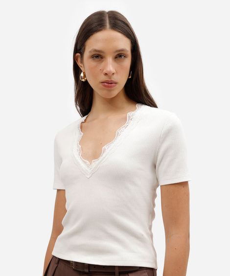 blusa feminina de algodão manga curta decote v com renda off white