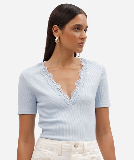 blusa feminina de algodão manga curta decote v com renda azul