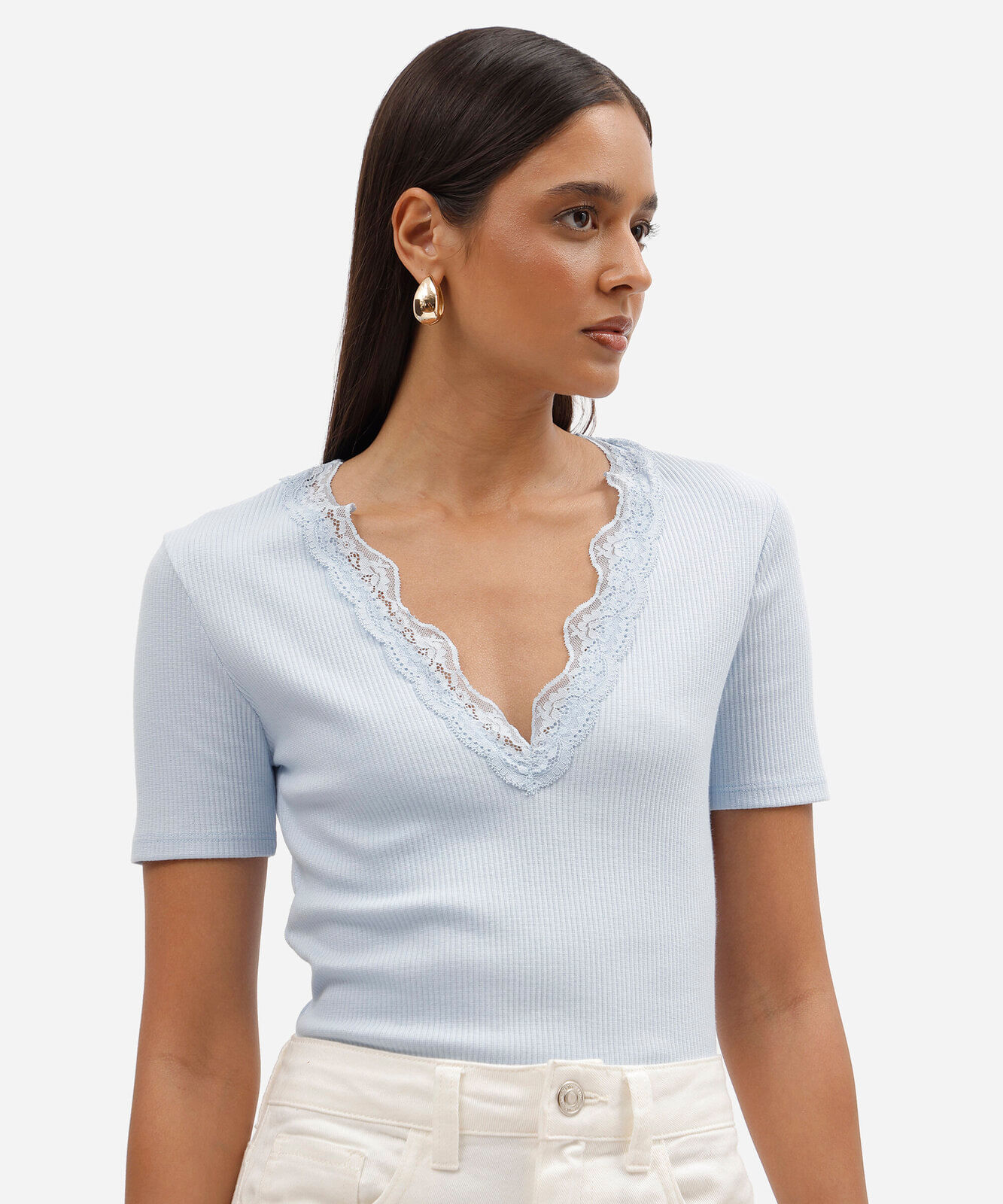blusa feminina de algodão manga curta decote v com renda azul
