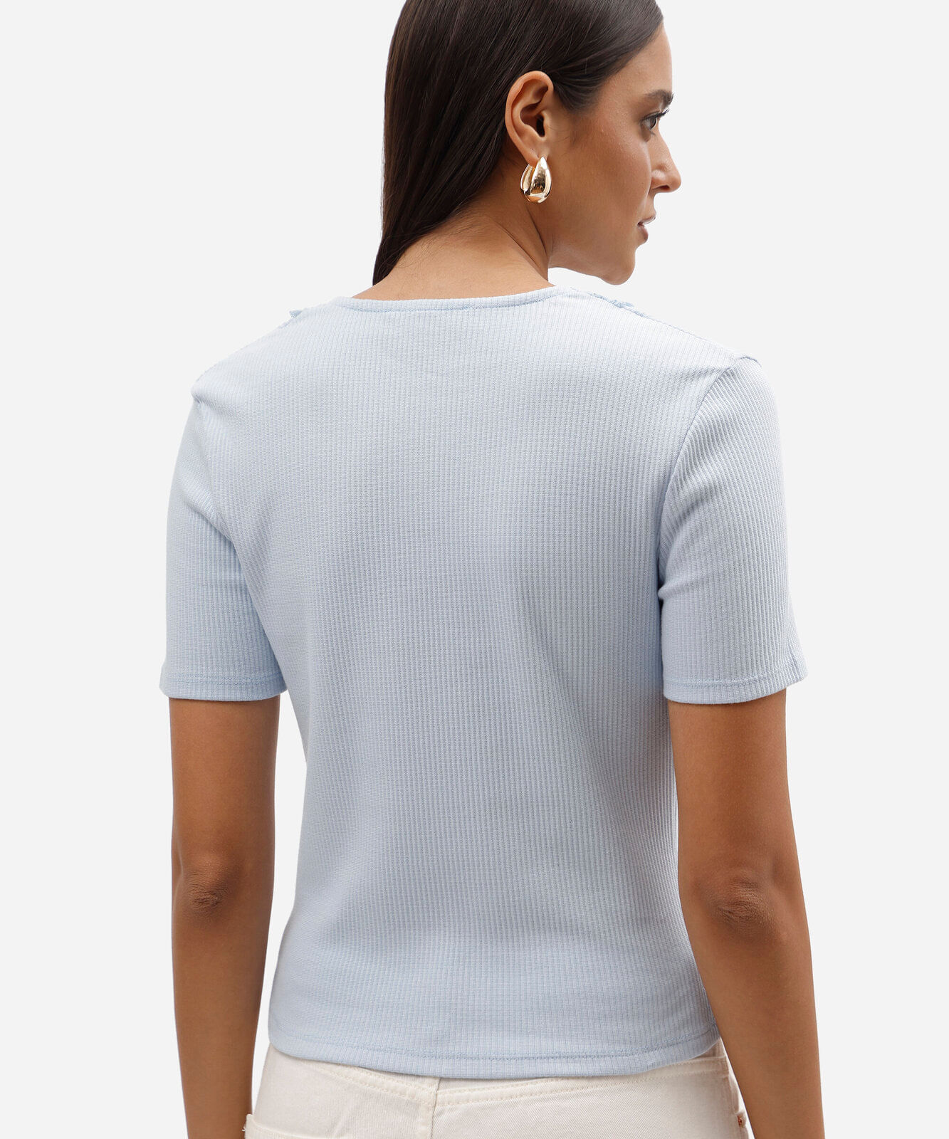 blusa feminina de algodão manga curta decote v com renda azul
