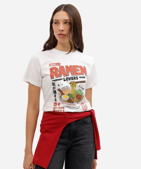 camiseta feminina de algodão manga curta estampada básica off white