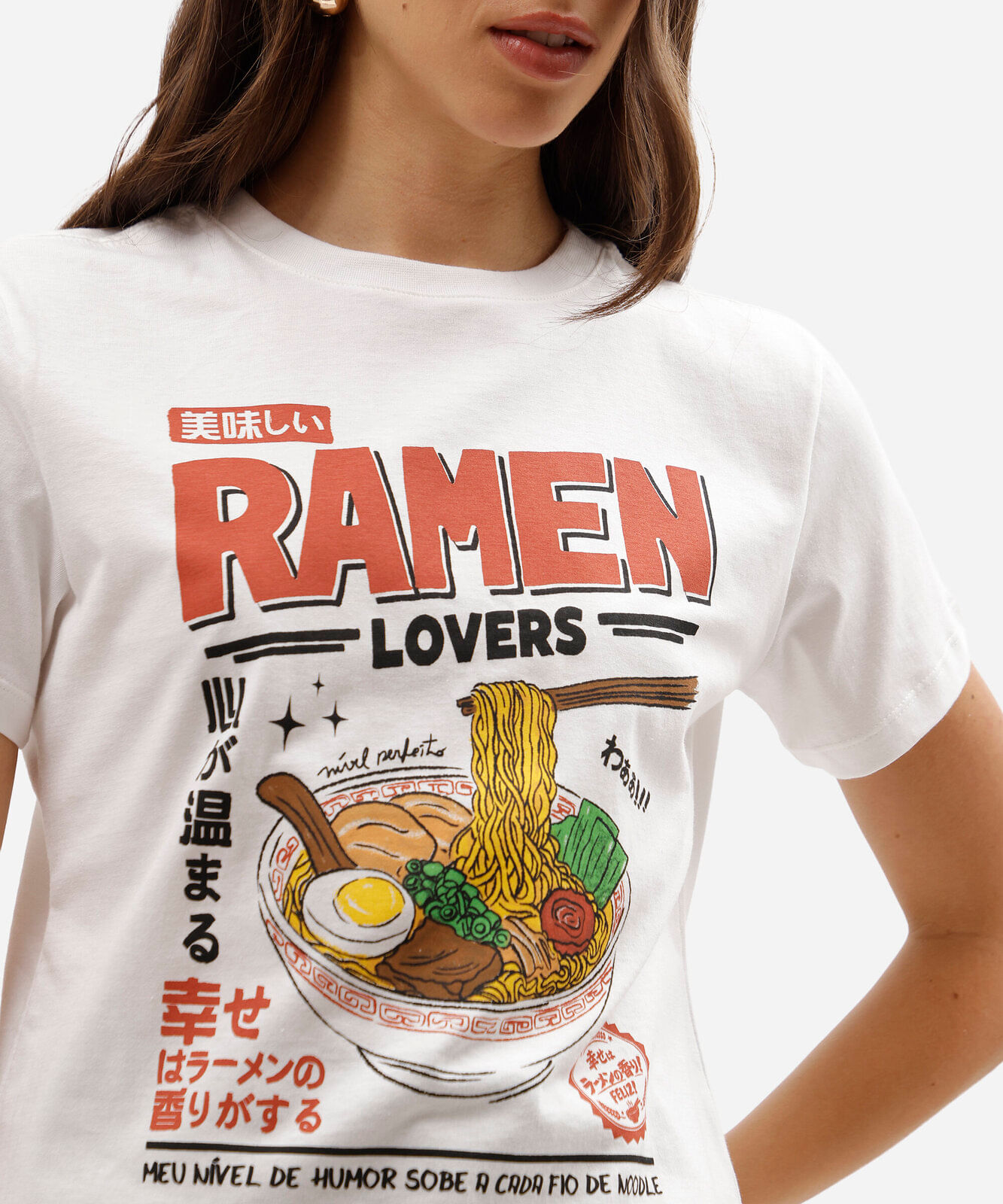 camiseta feminina de algodão manga curta estampada básica off white