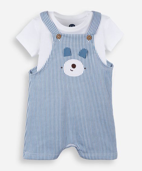 jardineira infantil listrada bordado urso com camiseta azul