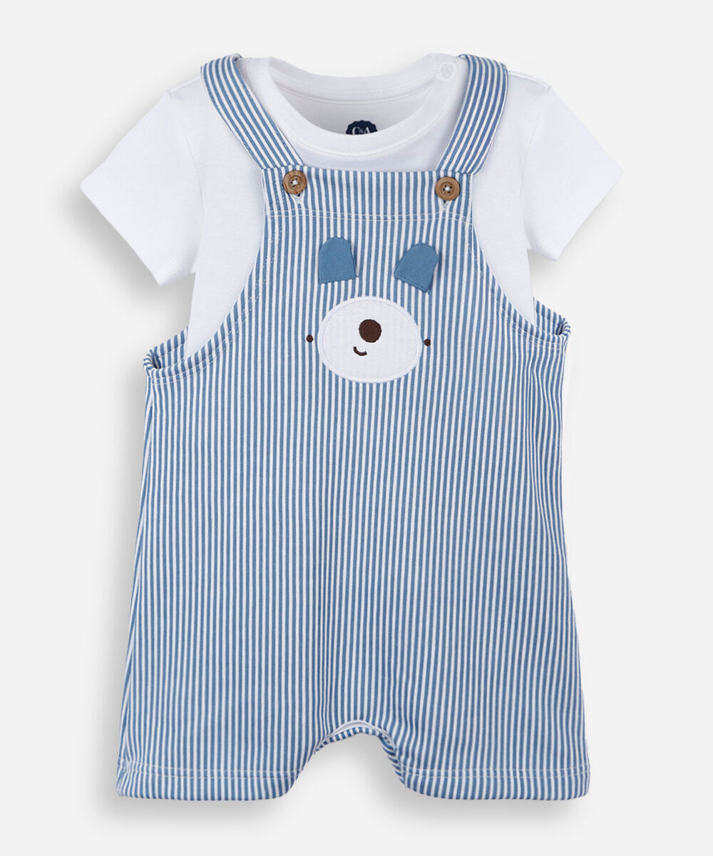 jardineira infantil listrada bordado urso com camiseta azul