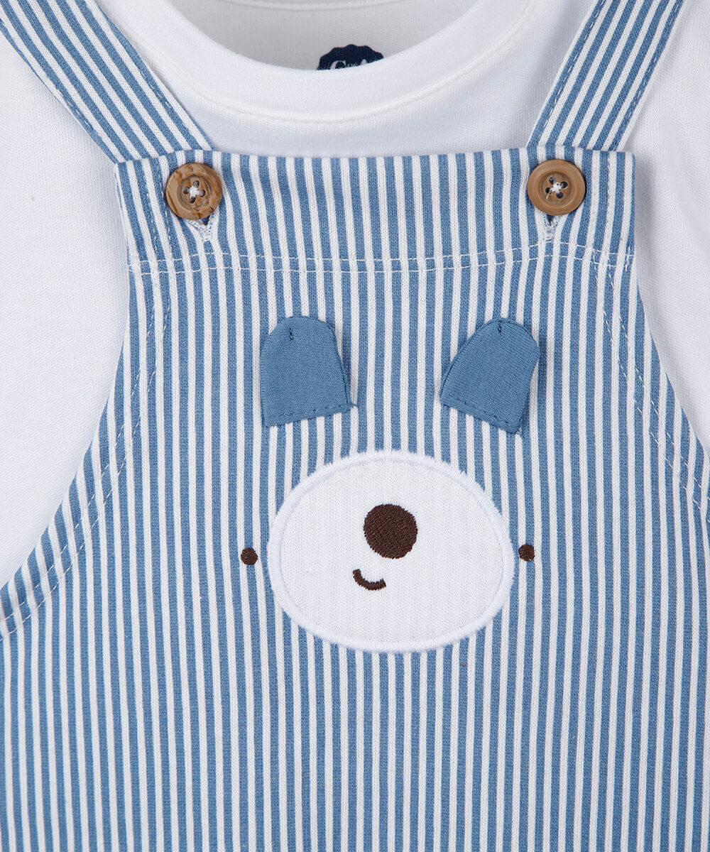 jardineira infantil listrada bordado urso com camiseta azul