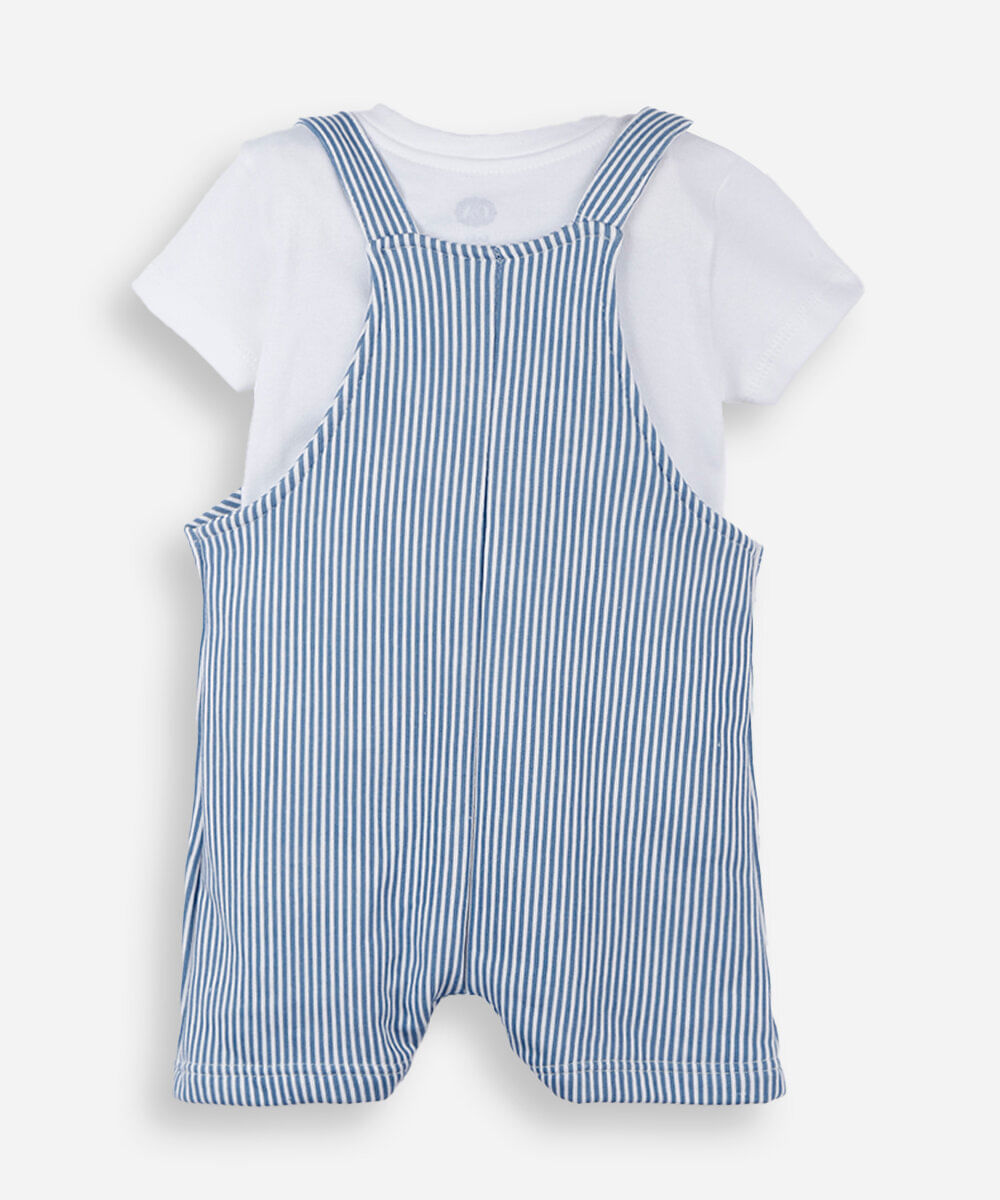 jardineira infantil listrada bordado urso com camiseta azul