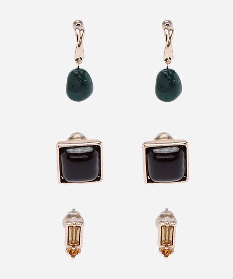 kit de 3 brincos argola resina e botões dourado