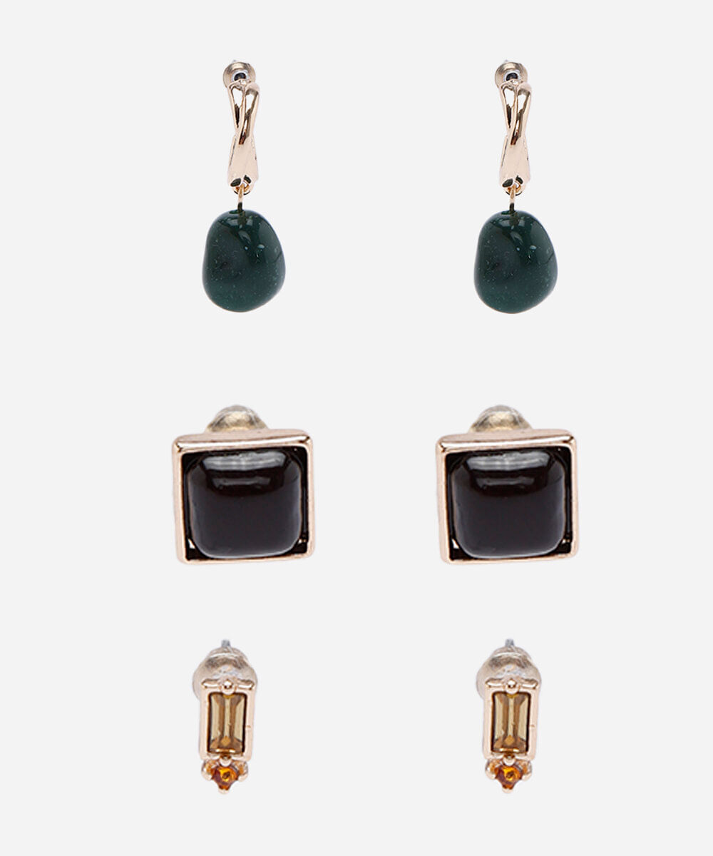 kit de 3 brincos argola resina e botões dourado