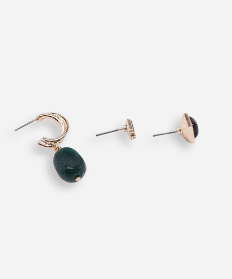 kit de 3 brincos argola resina e botões dourado