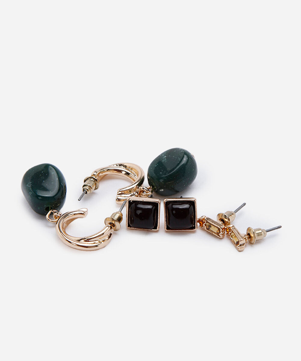 kit de 3 brincos argola resina e botões dourado