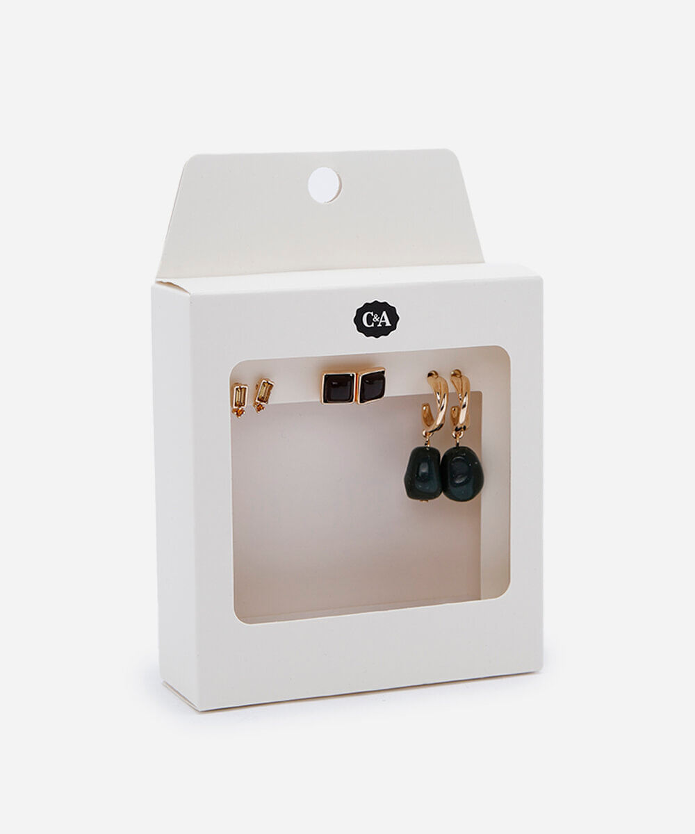 kit de 3 brincos argola resina e botões dourado