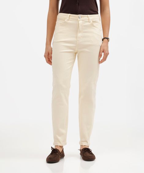 calça mom feminina de sarja cintura alta amarela