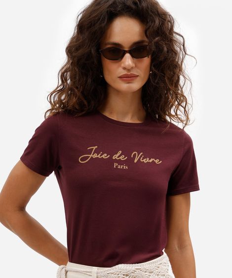 camiseta feminina de algodão estampada vinho