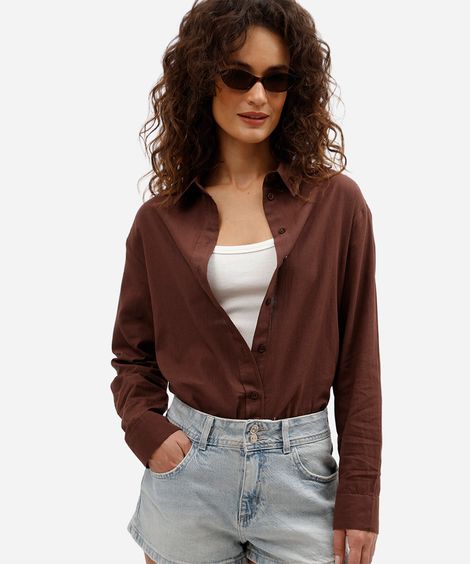camisa feminina de algodão manga longa marrom