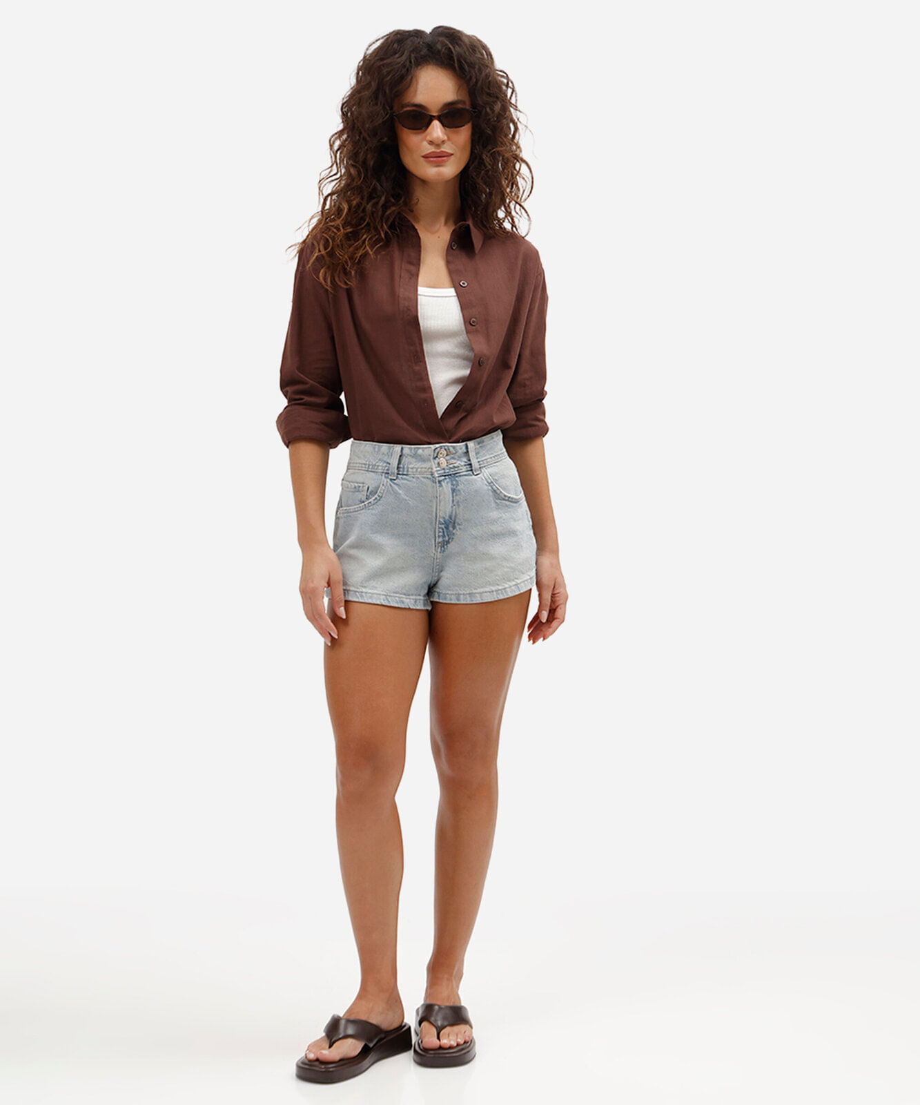 camisa feminina de algodão manga longa marrom
