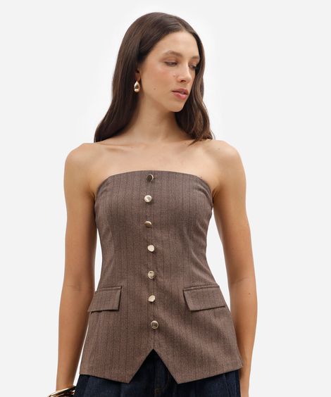 blusa feminina sem alça com botões listrada marrom
