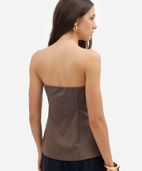 blusa feminina sem alça com botões listrada marrom