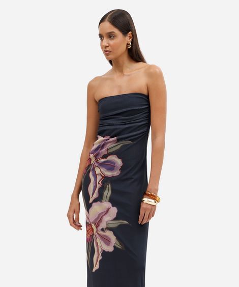 vestido longo feminino de tule sem alça franzido floral azul