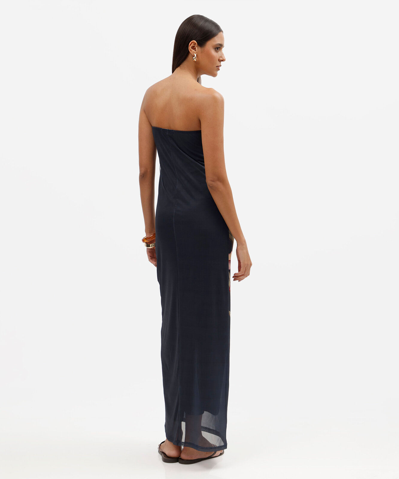 vestido longo feminino de tule sem alça franzido floral azul